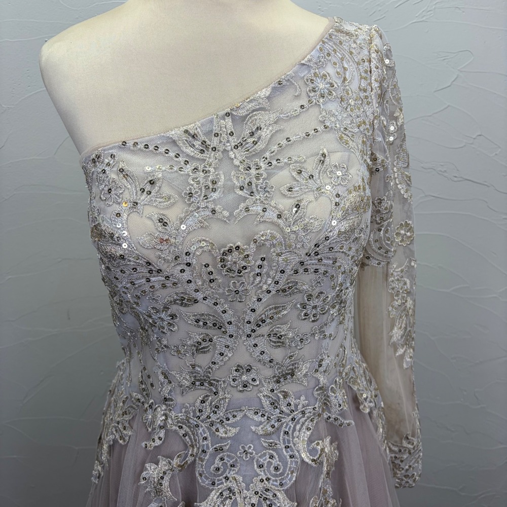 JJ's House Women One Shoulder Sequin Lace Tulle Gown Taupe Size 4 Prom Hoco Gala - Picture 7 of 11